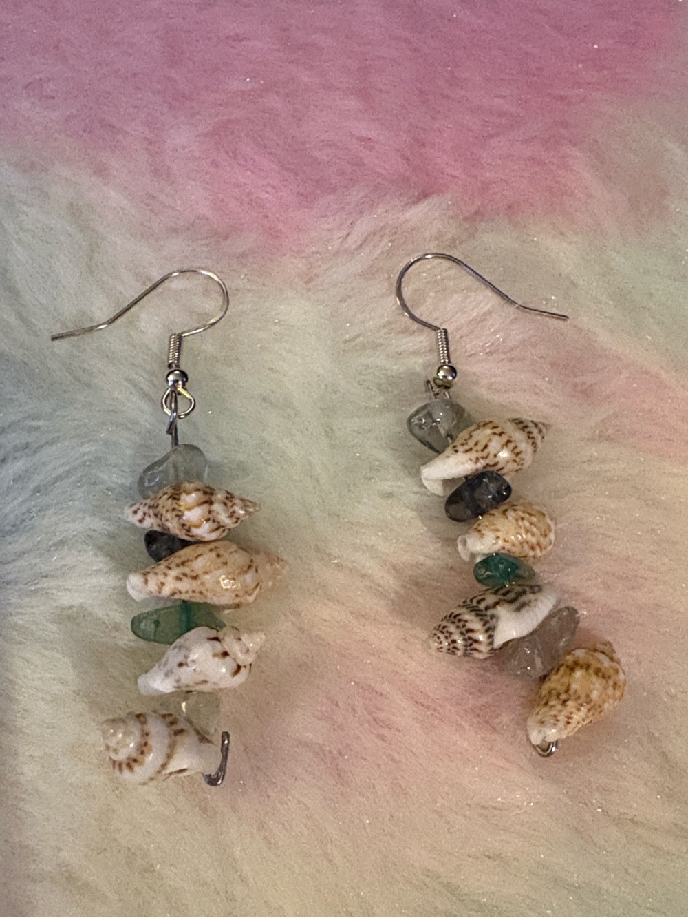 Hand Crafted Shell & Sea Glass Earrings in Cream and Green